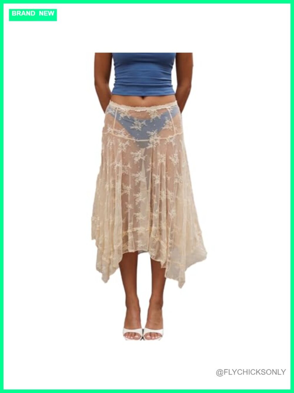 Y2K Sheer Mesh Lace Skirt Elastic Waist Asymmetrical Hem Coverup